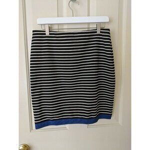 AK Anne Klein Sz 8 Stretch Striped Black White Blue Accent A Line Knee Skirt